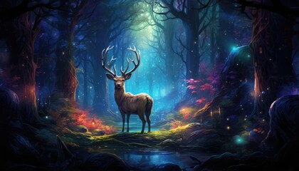 Fantasy forest with deer in the mist.