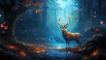 Fantasy forest with deer in the mist.