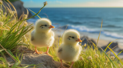 Little chicks in the grass on the background of the sea and the sky