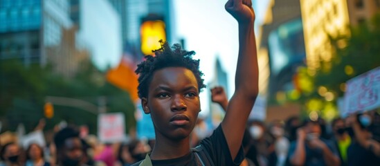 A young person with dark skin raises a defiant fist at a city protest. - obrazy, fototapety, plakaty