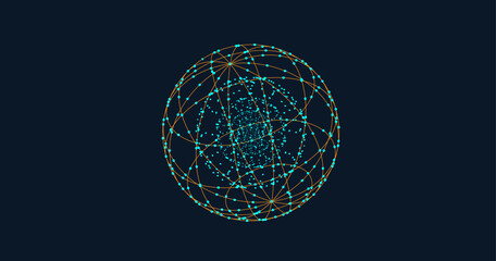Abstract network technology with dot, point. Science global concept bright dot, line in the form circle on black background. Futuristic wireframe business geometric grid. 3d explosion effect.
