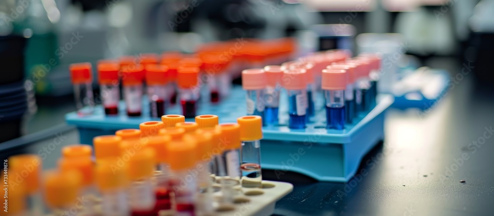 Poster lab table with blood analysis tubes on a tray for benchtop extraction.