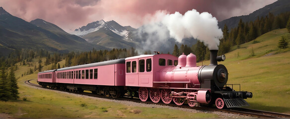 Pink steam train in the mountains