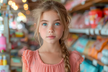Fototapeta premium Cute little girl with a pink dress in a store. Shopping concept. Sale season
