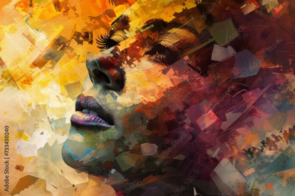 Aufkleber vibrant strokes of acrylic paint bring life to a woman's face, blurring the lines between reality an