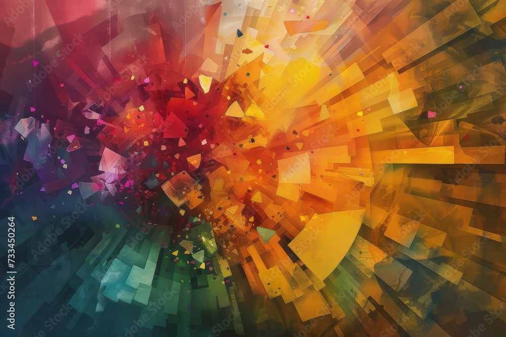 Poster A vibrant symphony of hues burst forth from a canvas of amber, as abstract squares dance in a mesmerizing display of color and creativity