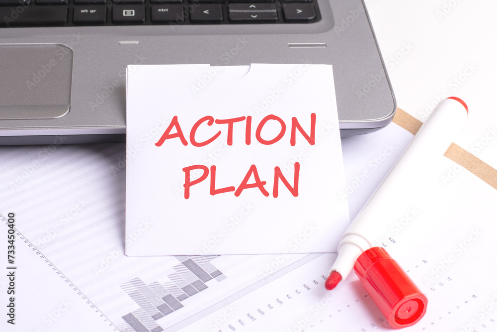 Poster the concept showcases a close-up photograph of a white sheet with the inscription 'action plan' plac