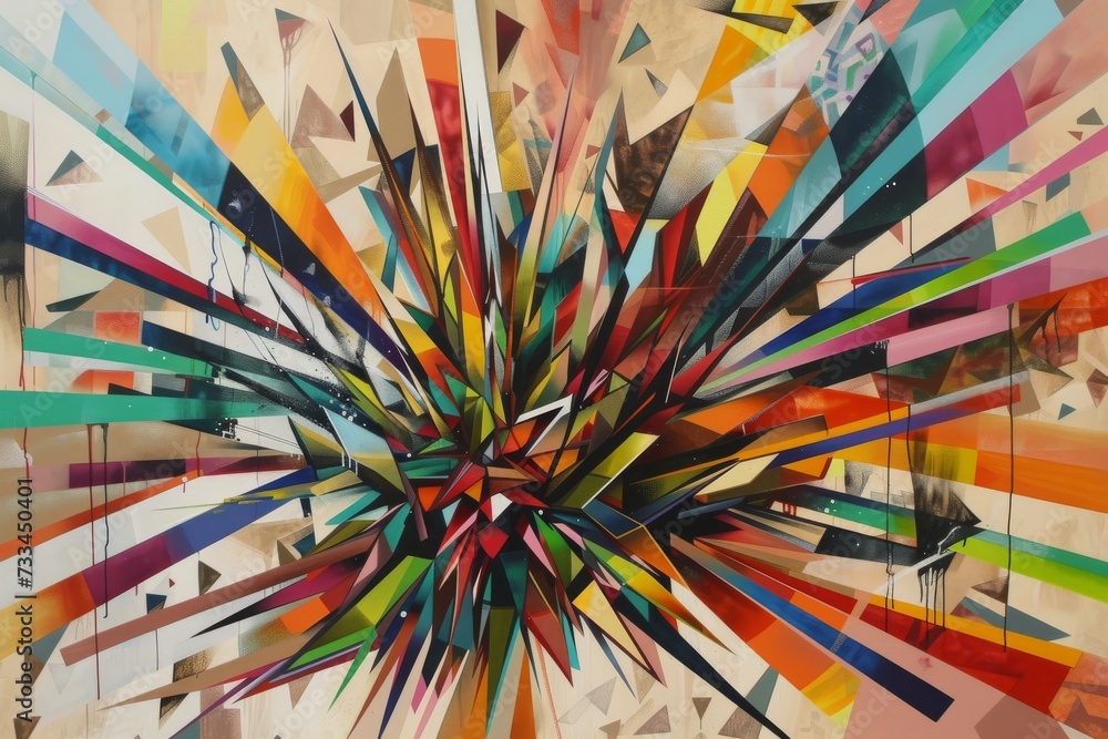 Poster A vibrant abstract painting bursting with color and childlike imagination, created with an array of triangular shapes and various writing implements