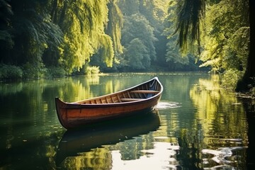 Tranquil reflections. wooden boat on a peaceful serene lake at dawn, showcasing natures beauty