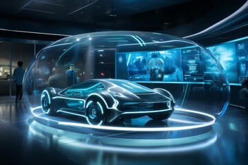 Automotive engineer at futuristic assembly line. utilizing advanced technology in car manufacturing