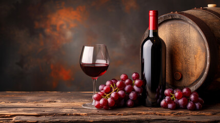 Classic still life with a bottle of red wine, a filled glass, grapes arranged on a rustic wooden surface against a dark background - Powered by Adobe