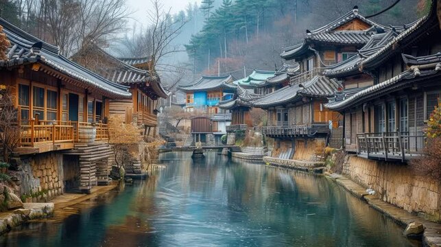 traditional house style japanese village with river flow split the village
