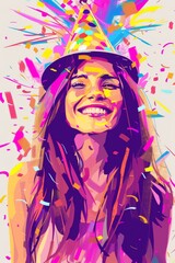 Naklejka na ściany i meble A radiant woman with a magenta hat and a contagious smile is surrounded by a flurry of confetti in a whimsical and vibrant painting