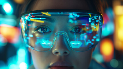 Closeup of Asian woman experiencing augmented reality wearing AR glasses, mixed-reality headset, virtual reality goggles, transparent smart glasses, closeup of VR wearables, spatial computing screens
