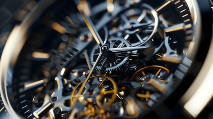 watch mechanism close up, detailed shot of a mechanical wristwatch with visible gears, watch...
