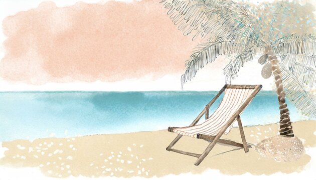 Sea beach with palm tree and resting chair.  Art card