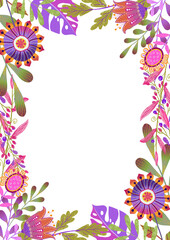 Rectangular frame with cartoon flowers and butterflies,flat illustration 