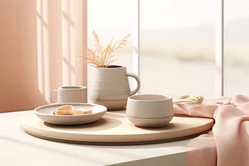 Fotobehang Nordic-inspired breakfast spread. salmon, rye bread, berries, and coffee on minimalist table setting © Daria