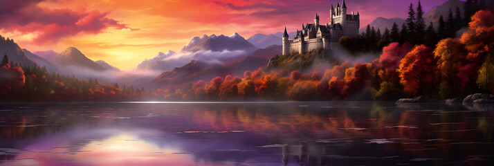 A Scene of Majesty: Sunset over a European Medieval Castle Reflected on a Serene Lake - obrazy, fototapety, plakaty