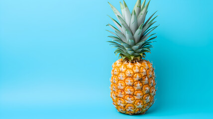 side view of isolated pineapple on neat turquoise background