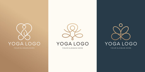 Fototapeta na wymiar minimalist geometry infinity yoga logo set design. inspiration yoga logo with golden color branding line art style.