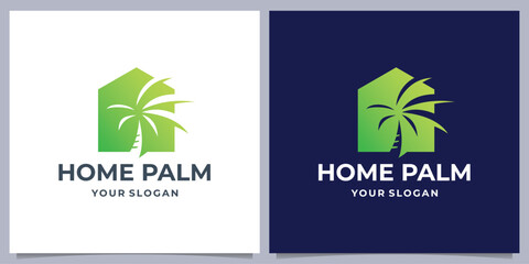Palm Home with green color logo design inspiration. silhouette palm in home space vector illustration