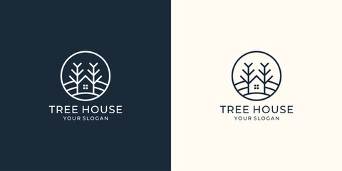 Tree house logo with creative modern outline concept circle template Premium Vector