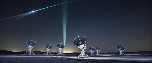 collection Set of Radio telescopes at night with starry nights releasing with hologram hud as wide banner for space research and discovery and futuristic communication concepts  - obrazy, fototapety, plakaty