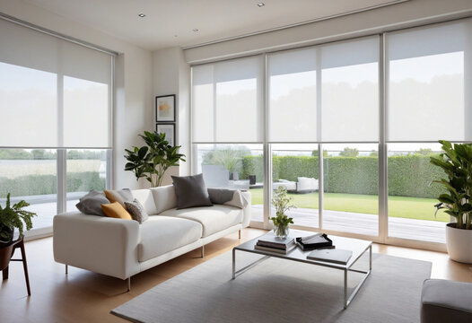 Roller blinds positioned within the indoor space. White roller shades covering the windows within the living area. A houseplant and a couch are present in the room. Motorized curtains integrated into