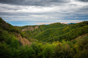 Fototapeta na wymiar Beautiful view of the green hills of the Sighnaghi town ( Signagi ) in the Kakheti region, Georgia. 