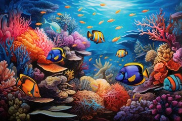 Fototapeta na wymiar Underwater scene with coral reef and tropical fishes. Vector illustration.