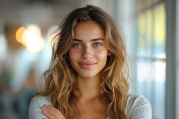 Obraz premium smiling young woman, in a stylish yet professional outfit, extends her hand in gratitude to accept a job offer