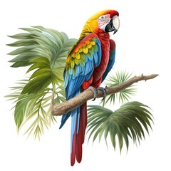 Colorful macaw parrot on a branch. Watercolor illustration