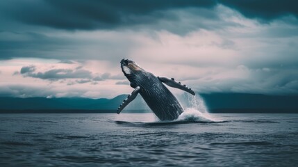 Powerful Humpback Whale Leap in the Ocean.