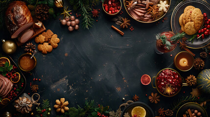 Obraz na płótnie Canvas frame from Christmas ham, Roast beef, Eggnog, Sugar cookies, Fruitcake, Mulled wine for Christmas background - AI Generated