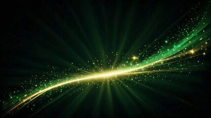 Asymmetric green light burst, abstract beautiful rays of lights on dark green background with the...