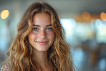 Obraz premium smiling young woman, in a stylish yet professional outfit, extends her hand in gratitude to accept a job offer