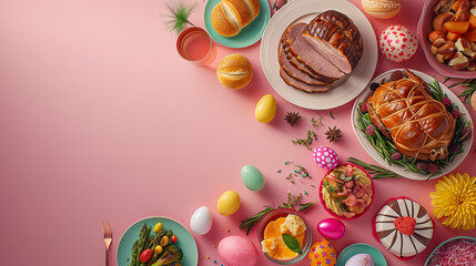 top view, flat lay, Traditional Easter dinner or brunch with ham, colored eggs, hot cross buns, cake and vegetables. Easter meal dishes with holday decorations - AI Generated