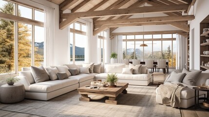 Fototapeta premium Cozy Modern Farmhouse Living Room with Rustic Charm and Contemporary Twist