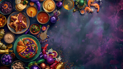 top view, flat lay, King cake, Gumbo, Jambalaya,Beignets, Crawfish boil, Hurricanes (cocktail) for Mardi Gras background with copy space - AI Generated