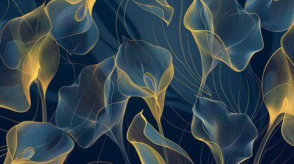 Abstract art background with golden and blue calla flowers in line art style