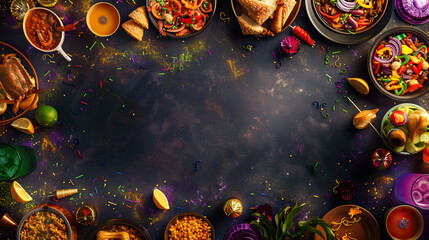 frame from King cake, Gumbo, Jambalaya,Beignets, Crawfish boil, Hurricanes (cocktail) for Mardi Gras background - AI Generated