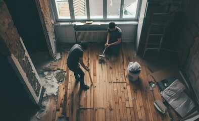 two men mending the wooden floor - obrazy, fototapety, plakaty