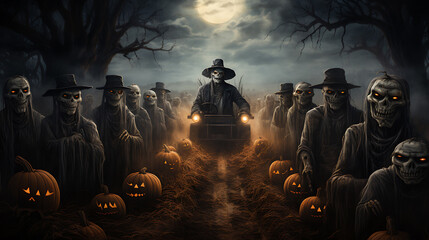 Spooky hayride moonlit fields, haunted tractor, creepy scarecrows