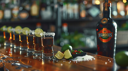 A festive arrangement featuring shots of Jägermeister and tequila lined up on a bar counter - obrazy, fototapety, plakaty