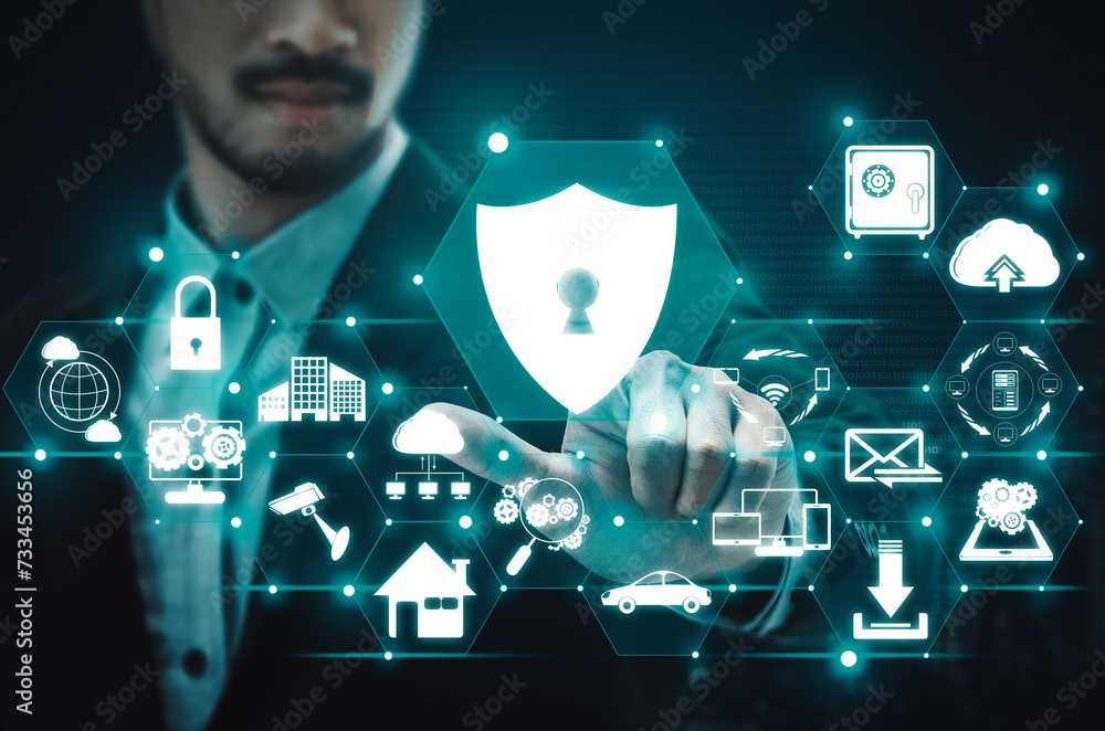Poster cyber security and digital data protection concept. icon interface showing secure firewall technolog