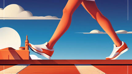 A retro-style illustration of a close-up of a woman's legs in sneakers walking along the road