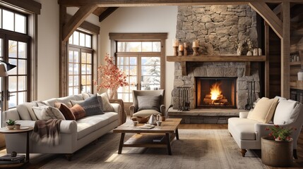 Fototapeta premium Rustic Elegance: Country Living Room with Warm Woods and Cozy Fireplace