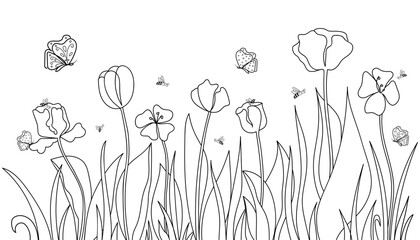 Meadow doodle art. Sketch landscape. Different outline wildflowers, grass, butterflies, bees. Horizontal coloring page. May honey concept. Cute simple vector illustration for coloring book.