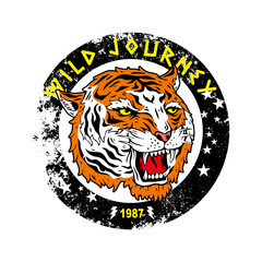 vector image of growling tiger with writing around wild journey 1987 and stars, embroidery style. Vector for silkscreen, dtg, dtf, t-shirts, signs, banners, Subimation Jobs or for any application 